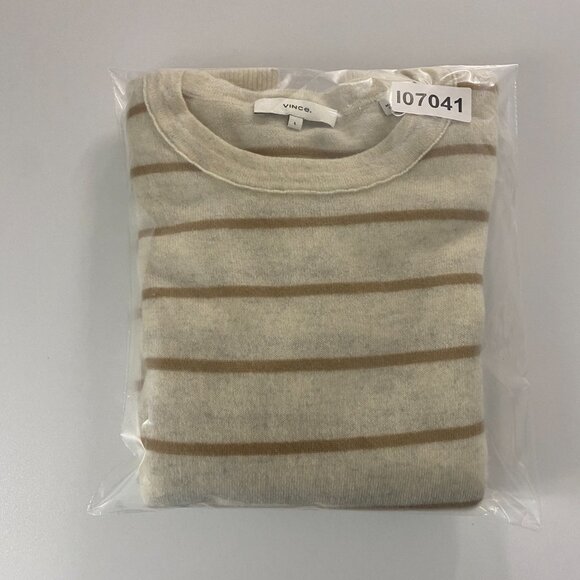 Vince 100% Cashmere Crew Neck Sweater Womens L Beige Tan Stripe Pullover Slim - Picture 10 of 10